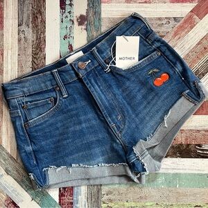 MOTHER NWT Denim Rascal Slit Flip Shorts Gold Rush Cherry Embroider Raw Cuffs 27